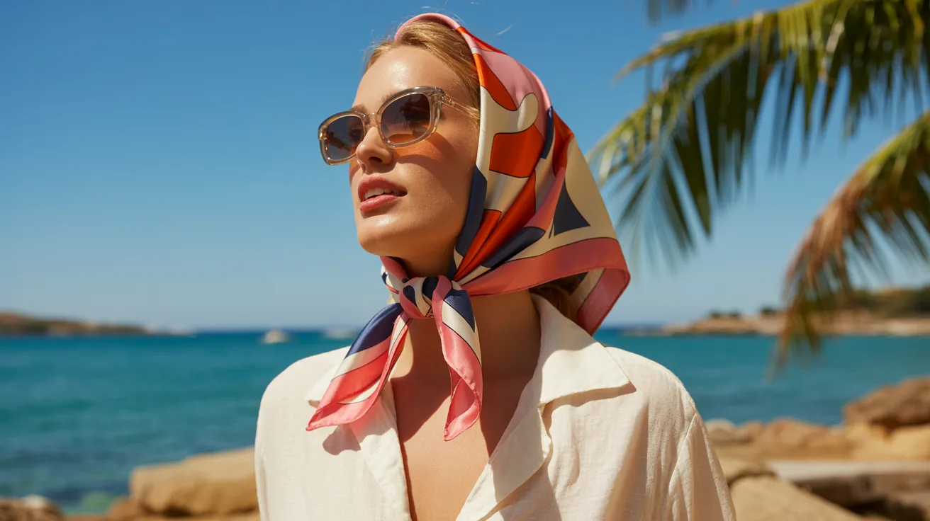 Square scarf worn as headscarf for stylish protective summer look.