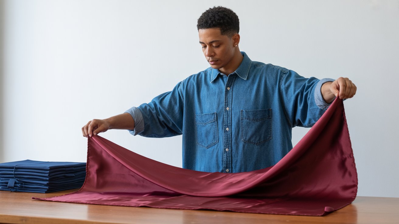 Student carefully unfolding graduation stole and smoothing fabric before commencement ceremony preparation.