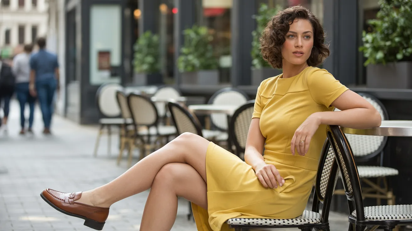Brown leather shoes styled with yellow dress for smart casual outfit.