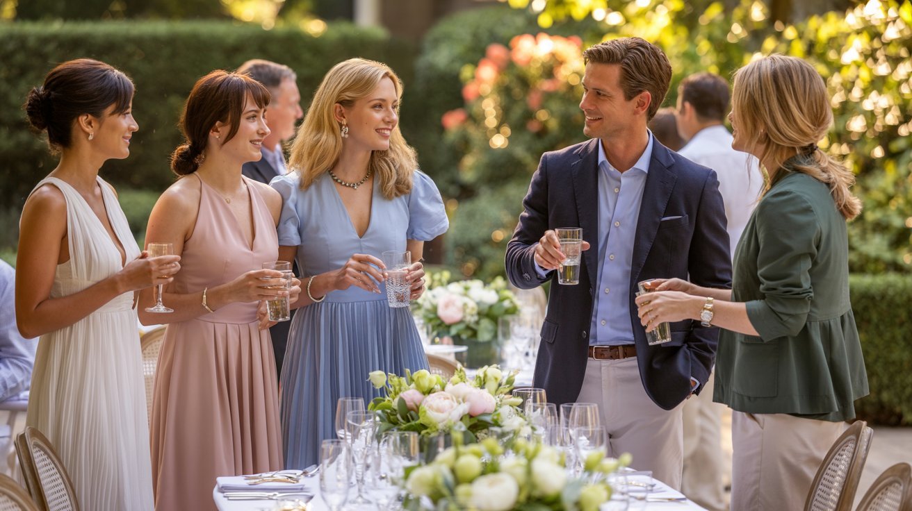 Stylish luncheon guests in smart casual and semi-formal attire at an elegant daytime gathering
