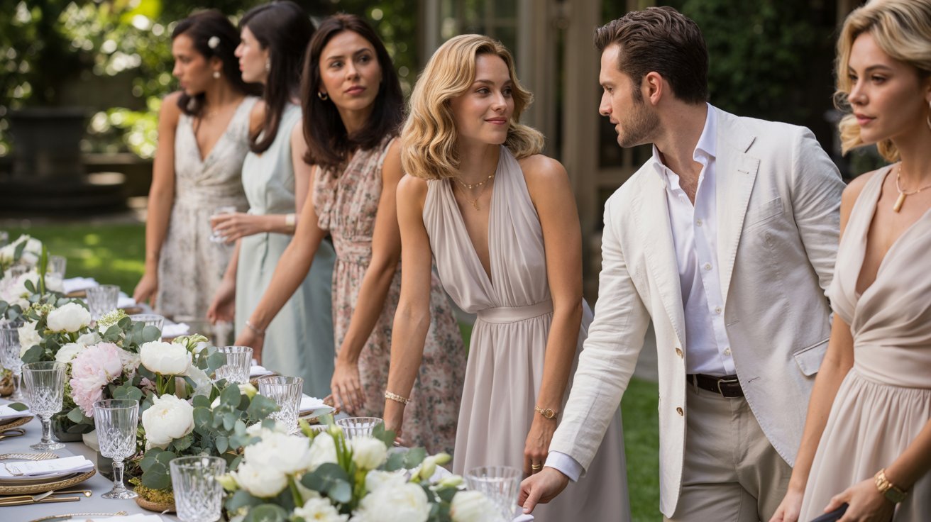 Elegant luncheon guests wearing chic semi-formal outfits gathered around a stylish daytime dining table
