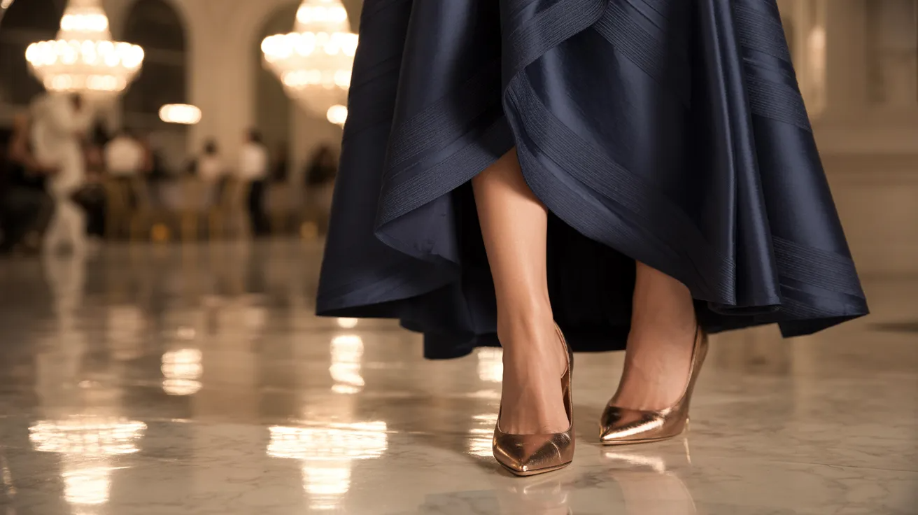 Metallic shoes paired with a navy dress for a special occasion