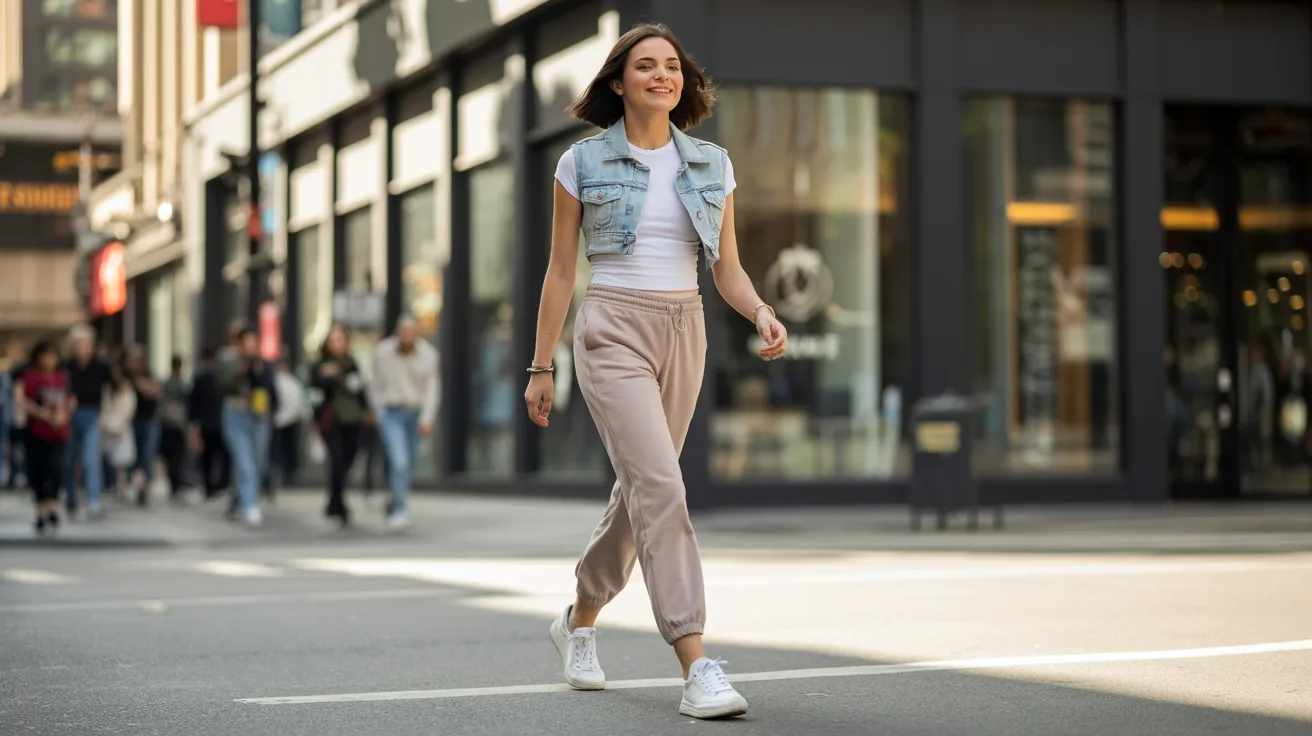 Jean vest styled with track pants and sneakers for a casual day out.