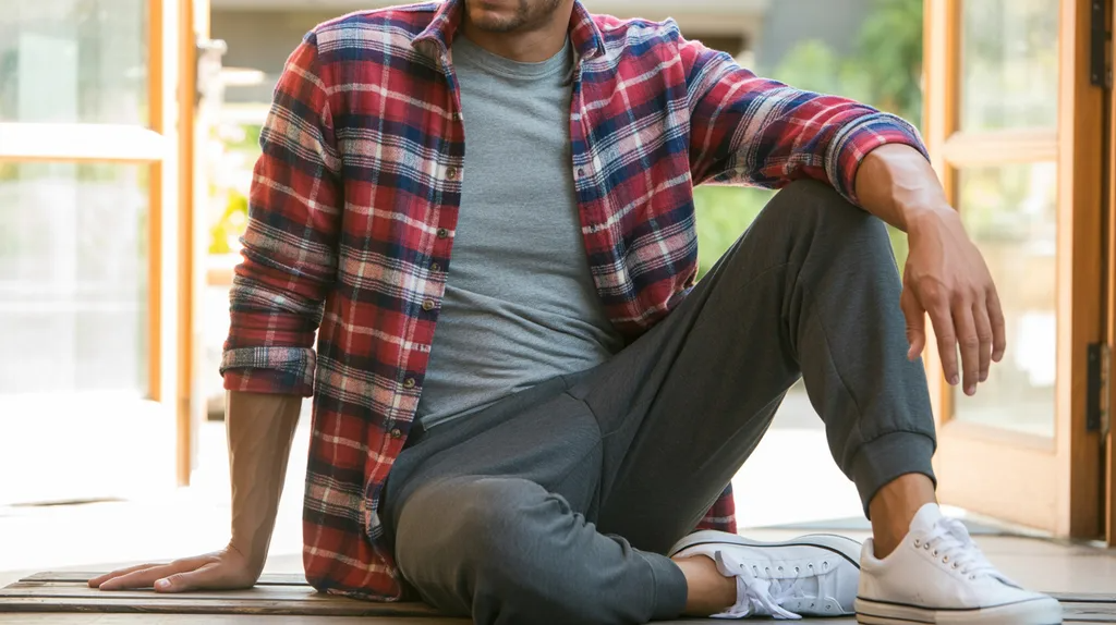 Plaid flannel paired with joggers.