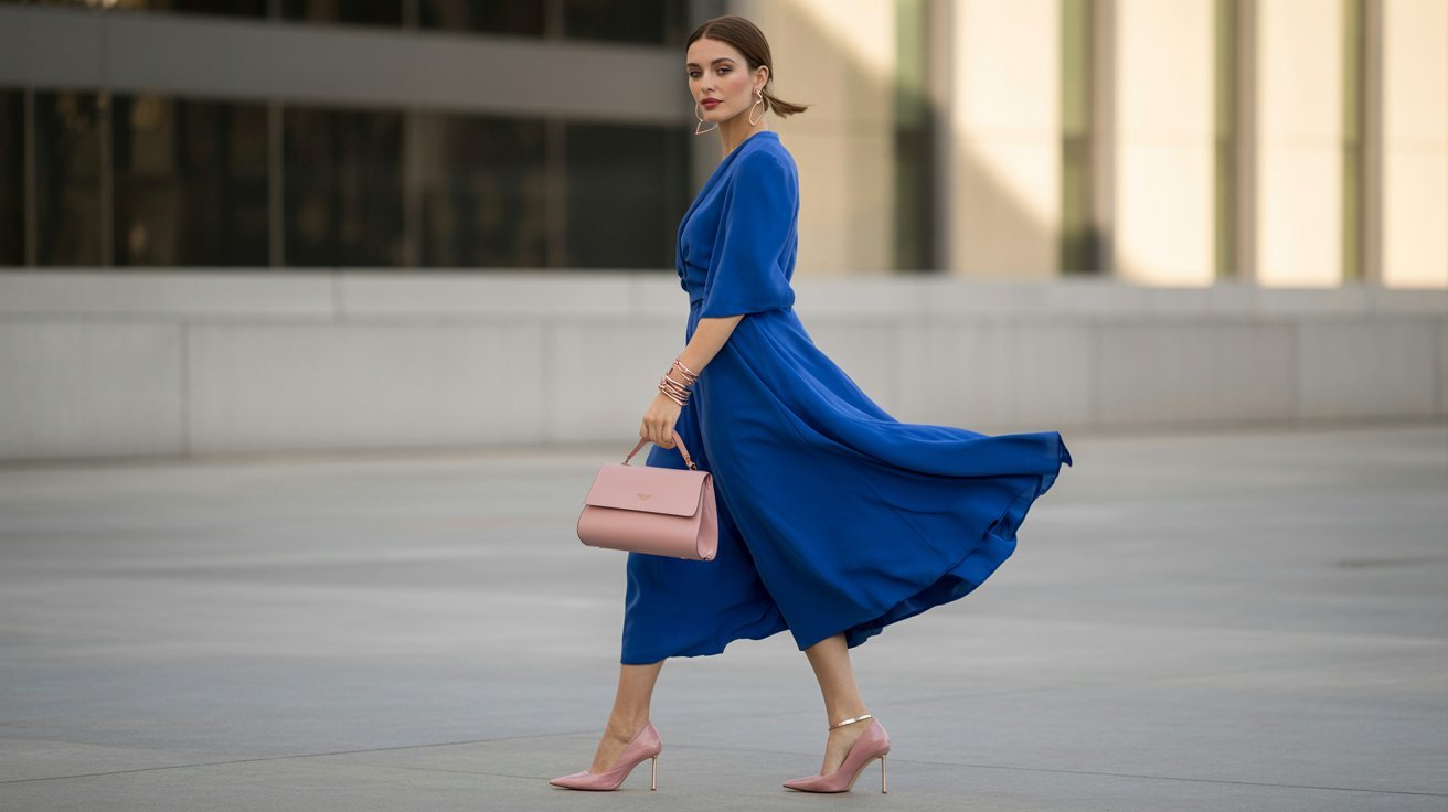 Woman strides in a flowing royal blue midi dress while carrying a light pink handbag.