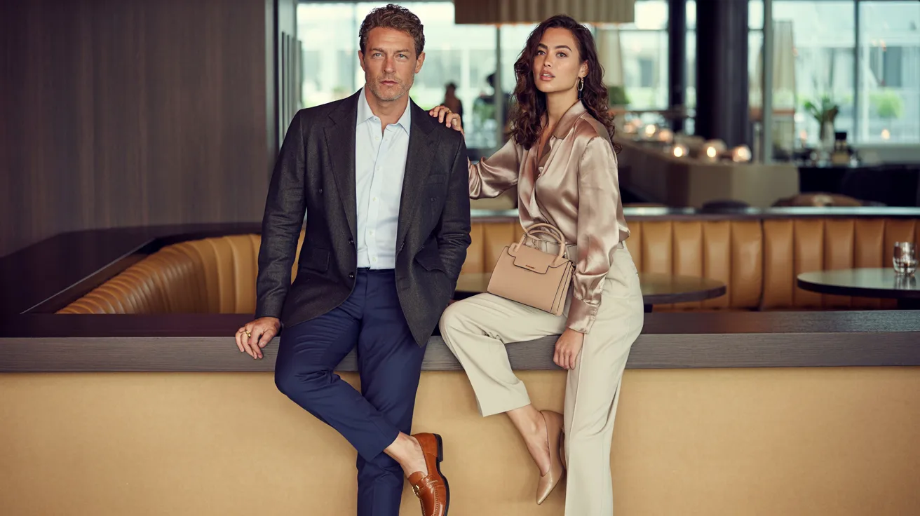 Man and woman wearing upscale casual outfits at a stylish social event.