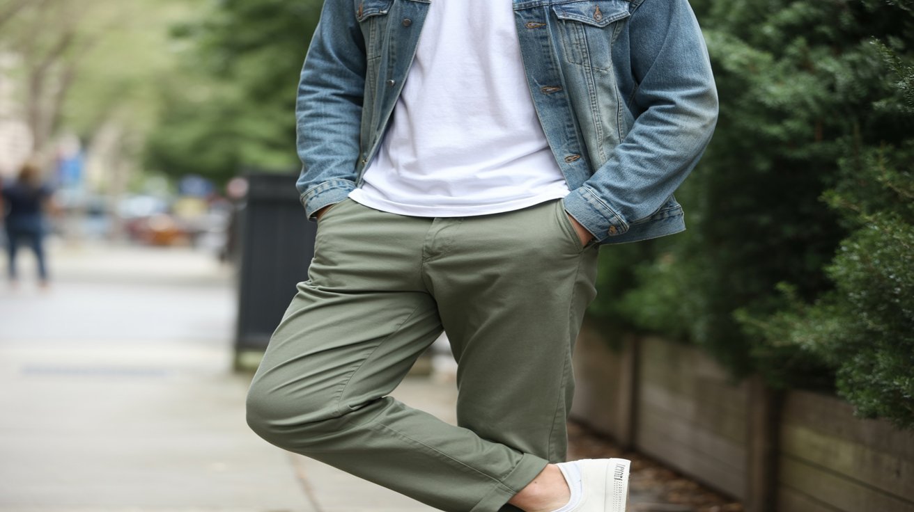Olive green pants styled with denim jacket and basic tee for casual outings