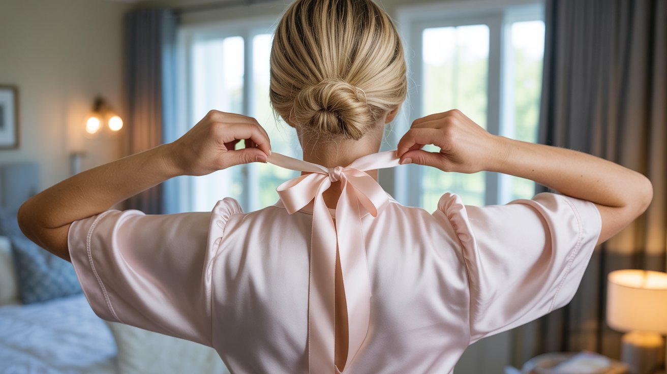 "Woman tying a neat satin bow on the back of a dress in a softly lit dressing room."