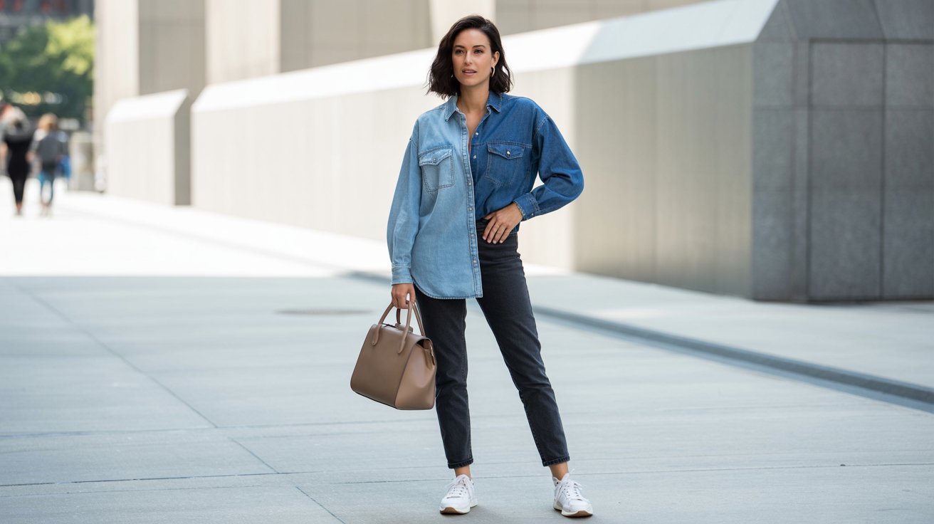 Double denim outfit featuring oversized shirt and contrasting dark wash jeans stylishly