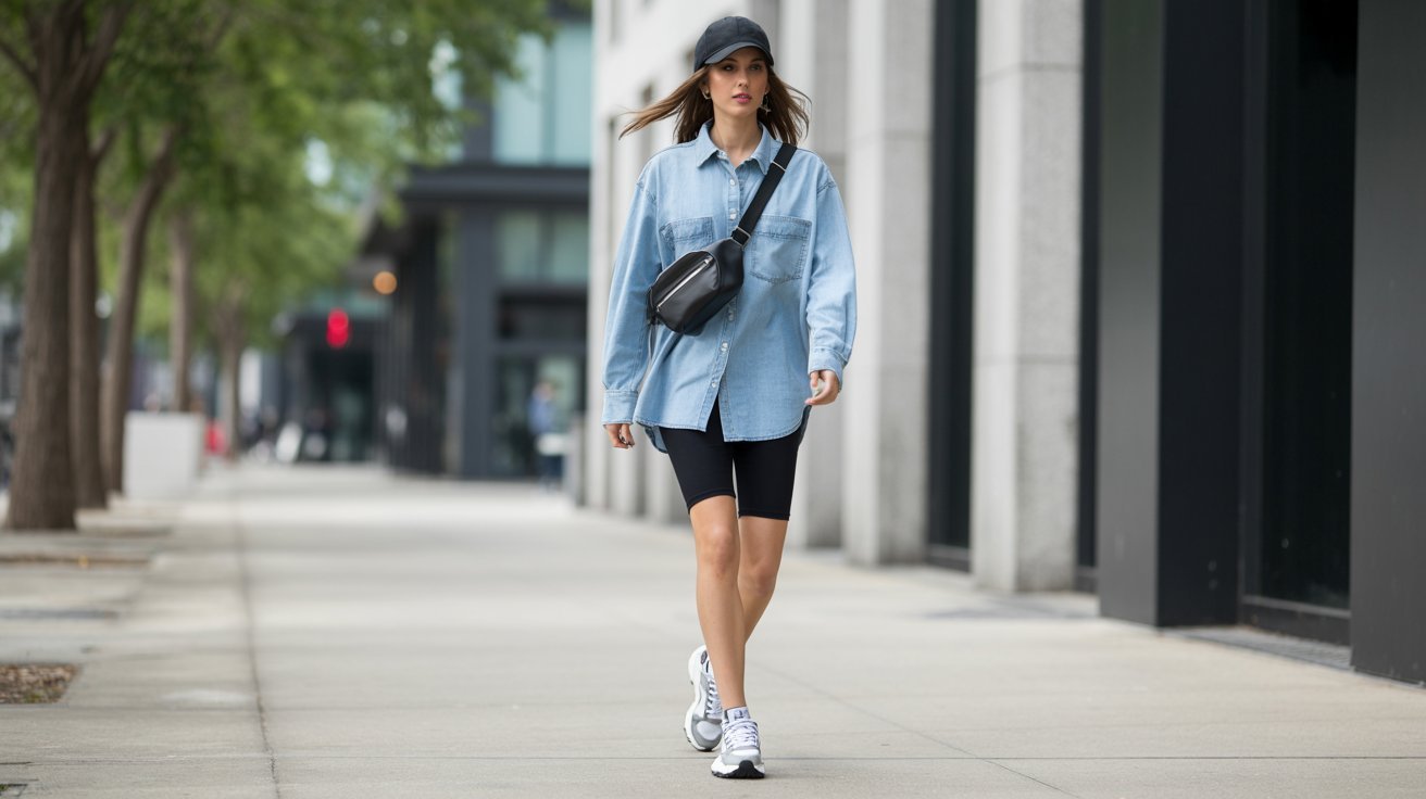 Oversized denim shirt styled with biker shorts and chunky sneakers casually