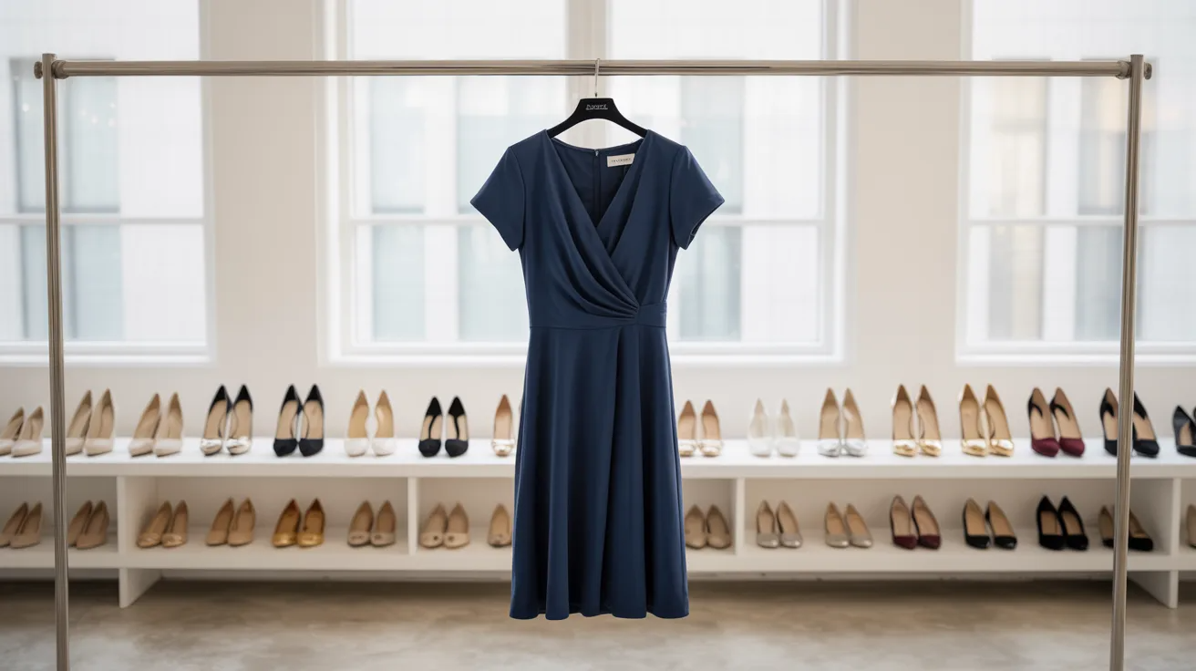 Various shoe color options paired with a navy dress.