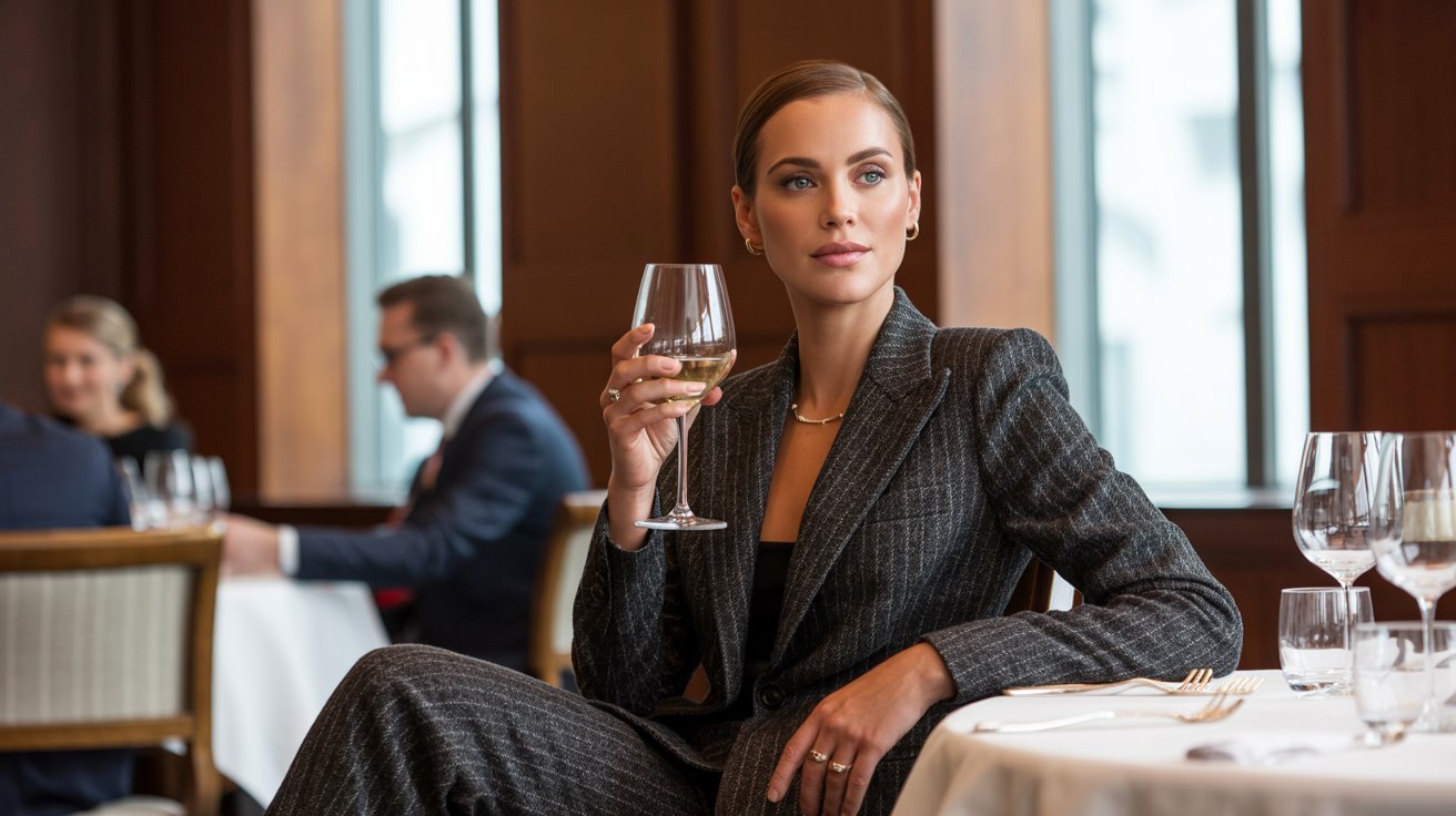 Woman wearing a tweed jacket and tailored pants at corporate luncheon