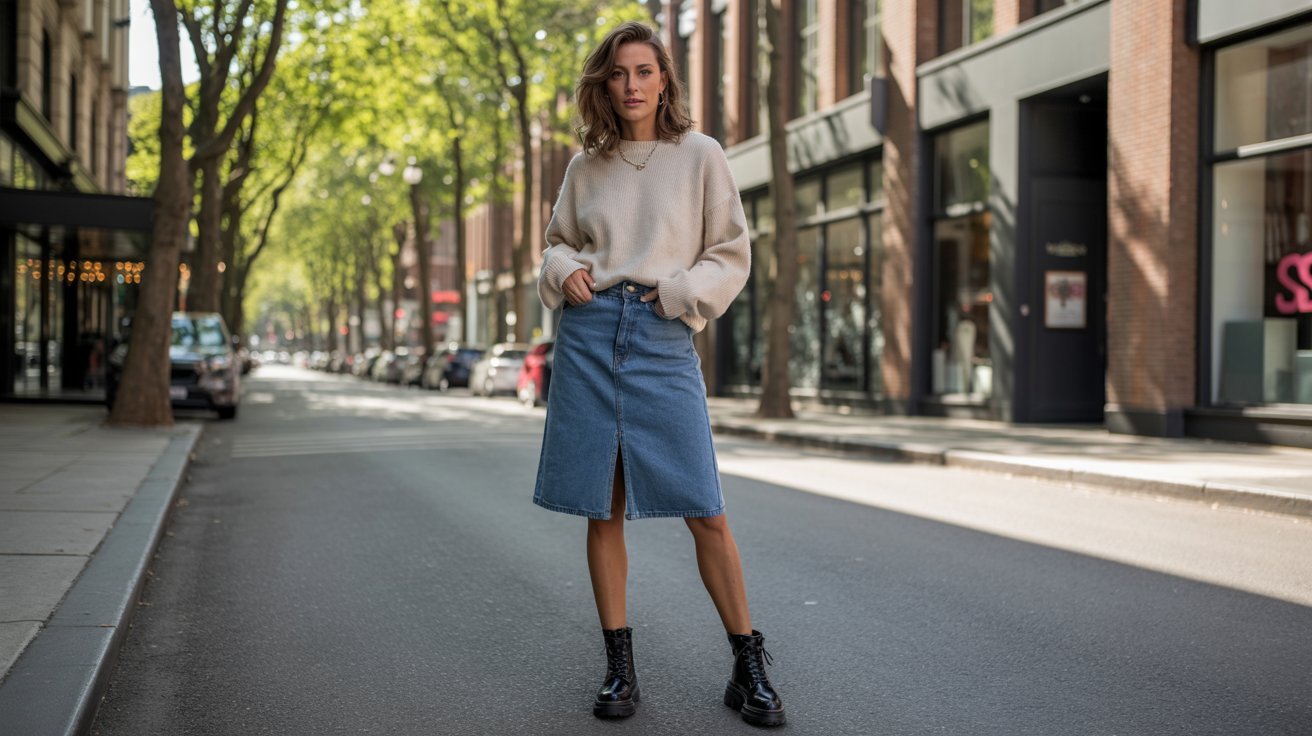 Denim skirt and knit sweater paired with combat boots for casual style.