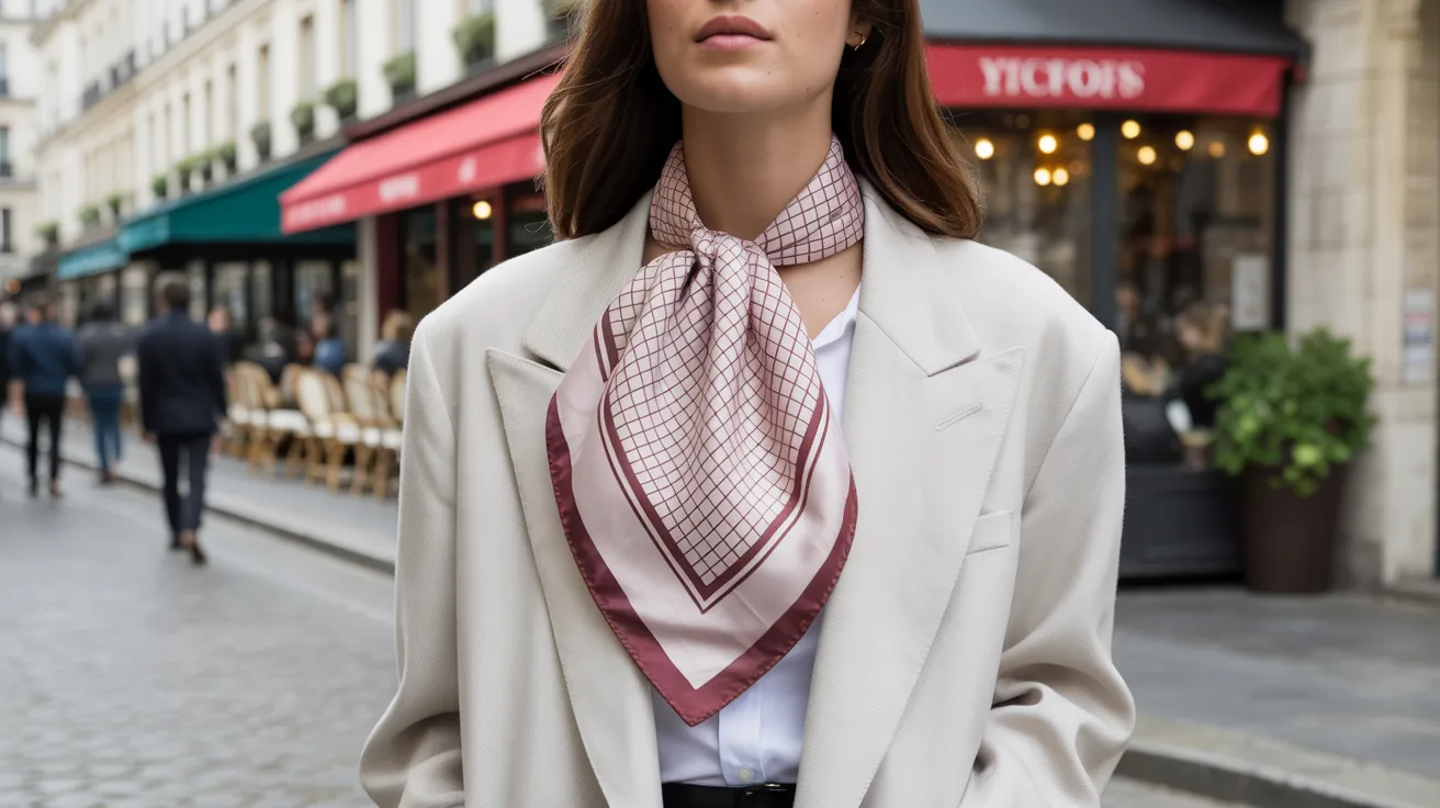 Square scarf styled in triangle Paris tie under blazer for chic look.
