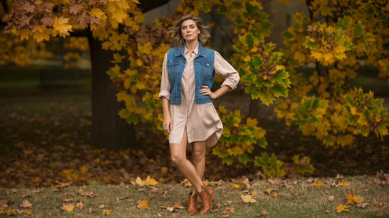 Jean vest layered over a shirt dress for fall styling.