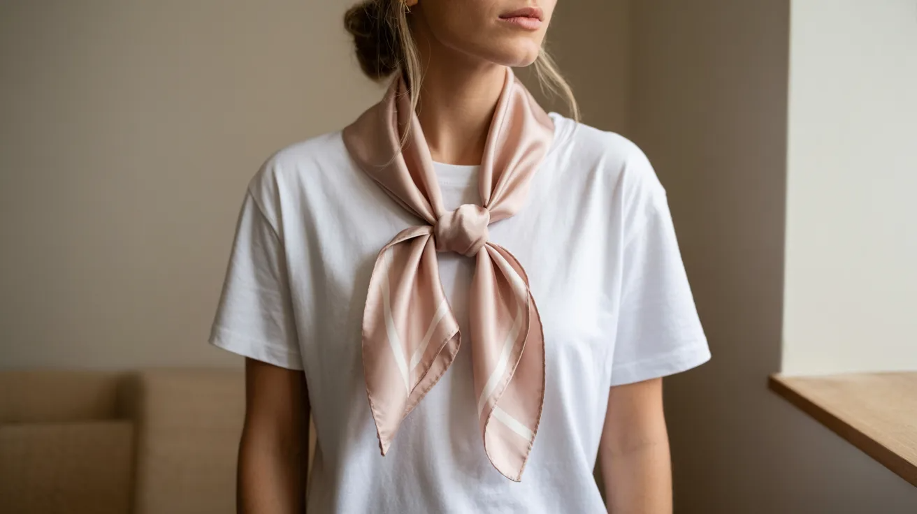 Square scarf styled vertically with ring for sleek polished look.