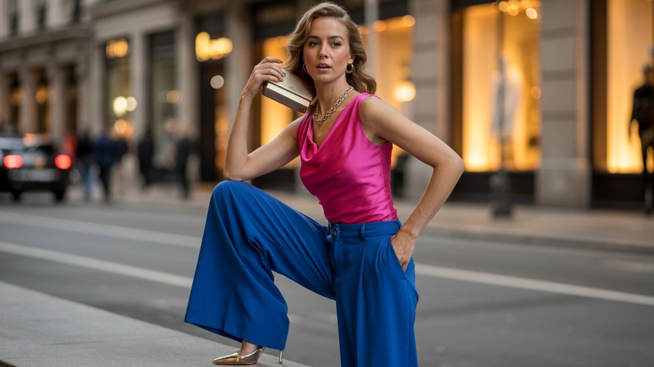 Woman poses on city street in hot pink satin top and cobalt blue wide-leg pants.