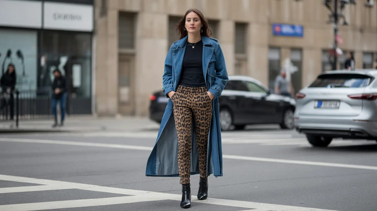 Leopard pants with denim trench coat for stylish layered look.