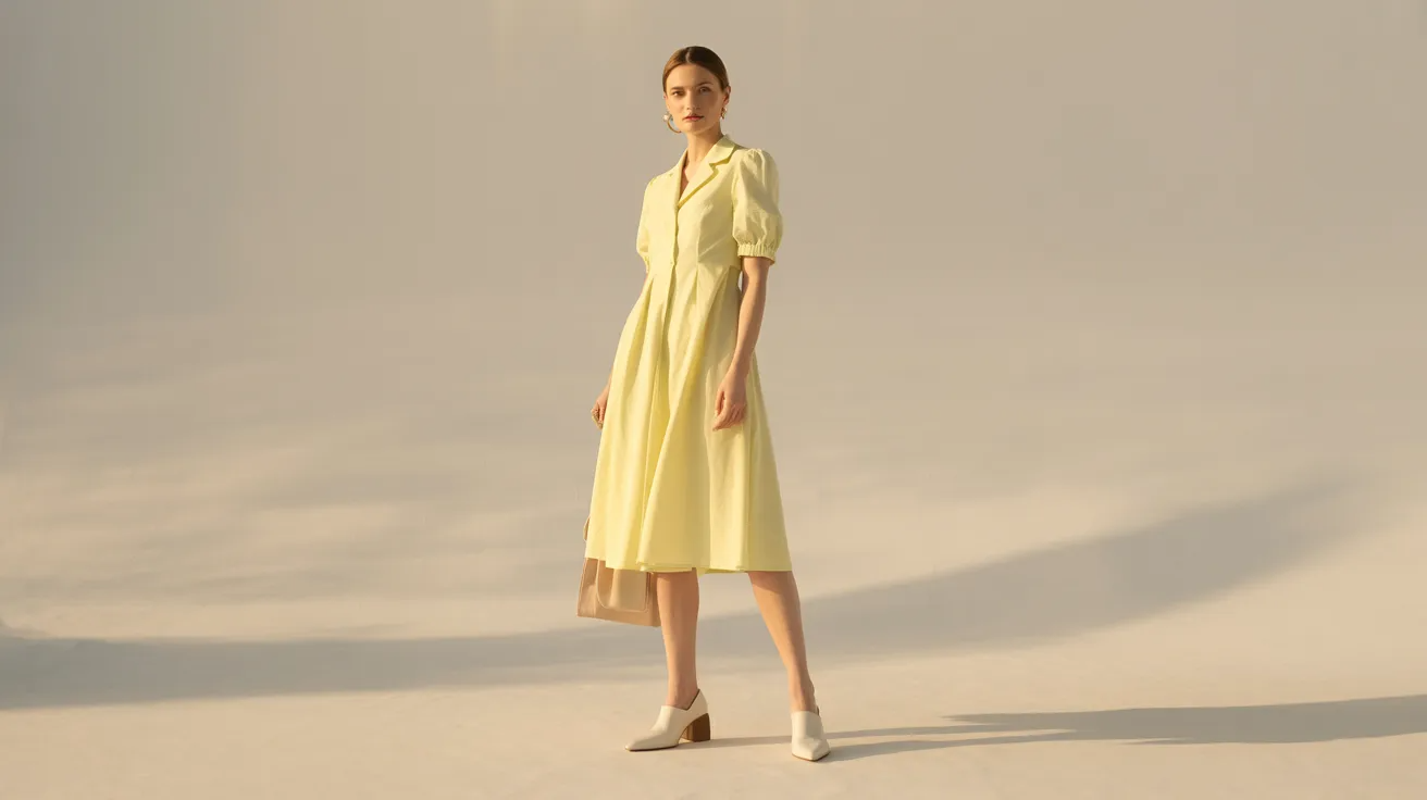 Cream shoes styled with yellow dress for soft, clean daytime outfit look.