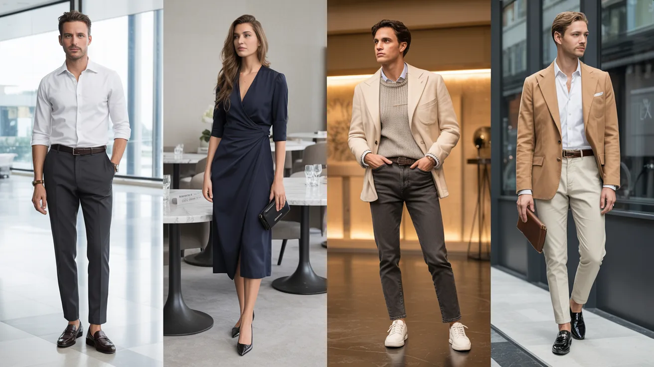 Collage of upscale casual outfits for work, dates, parties, and semi-formal events.