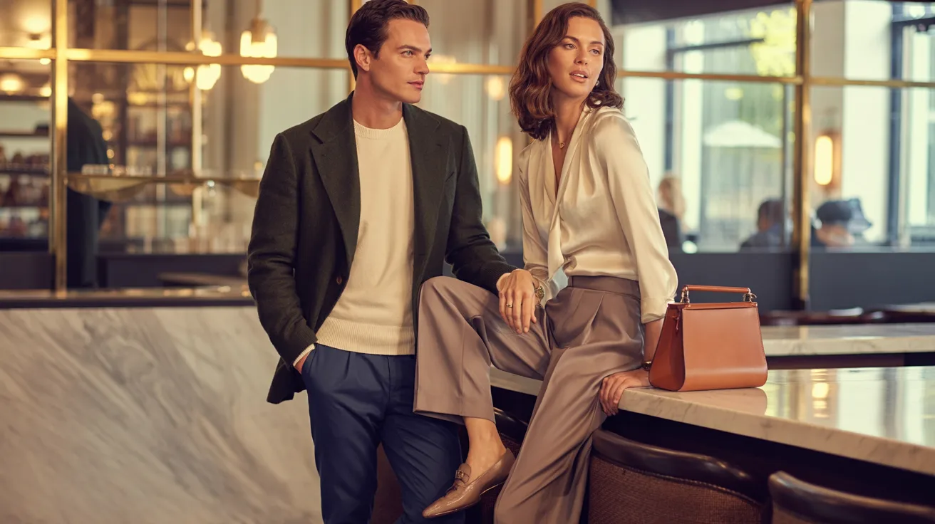 Man and woman wearing polished upscale casual outfits in a modern social setting.