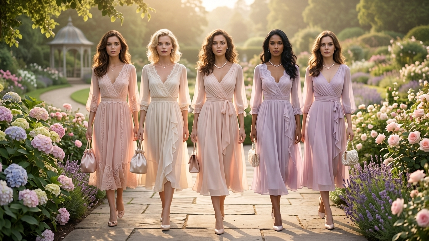 Poised women wearing a flowing pastel dress with lace details and soft ruffles, showcasing the Romantic Archetype style with feminine silhouettes.
