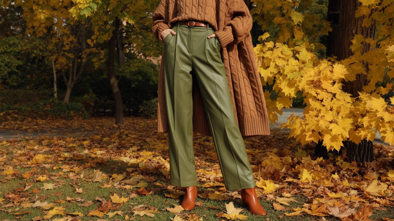 Woman styling olive green pants with tan sweater and brown boots outdoors