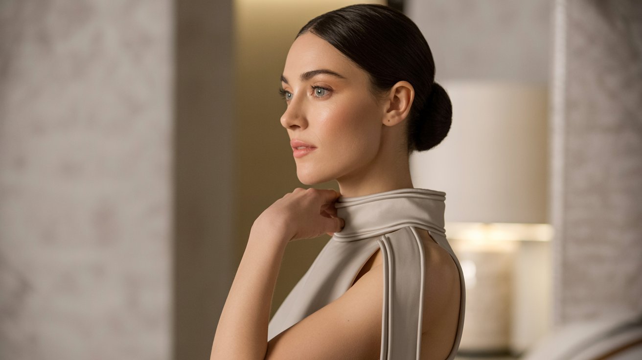 "Woman in a high neck dress with a sleek low bun creating a clean and elegant formal look"