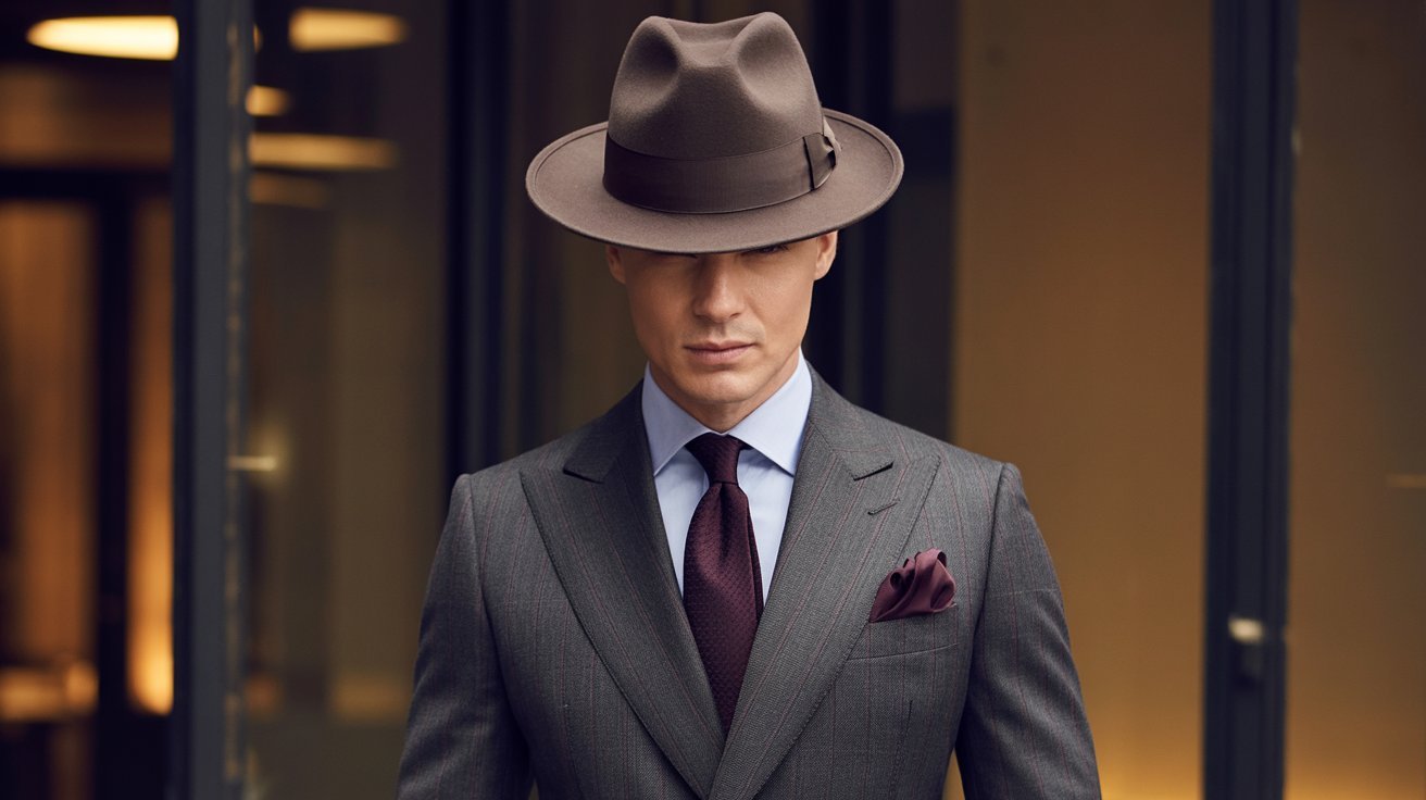 Formal tailored suit paired with a classic fedora and coordinated accessories.