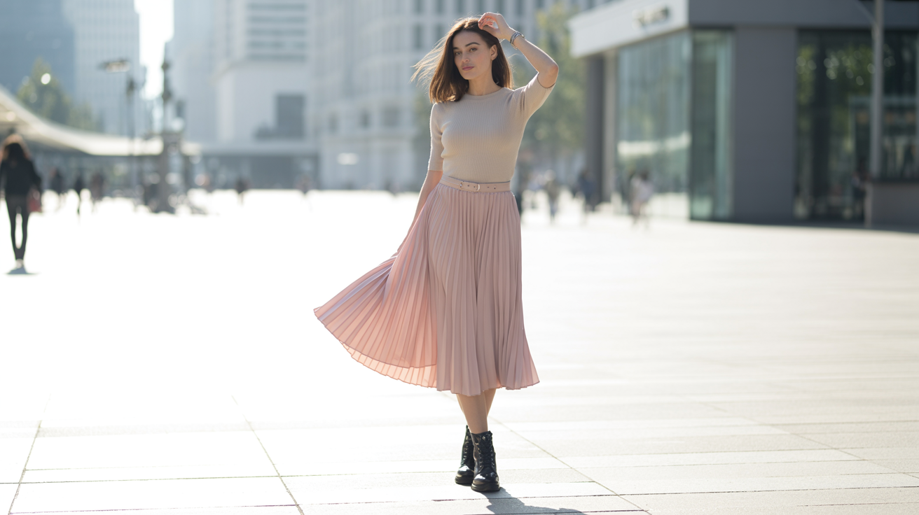 Pleated skirt and combat boots creating a balanced feminine edgy fashion look.