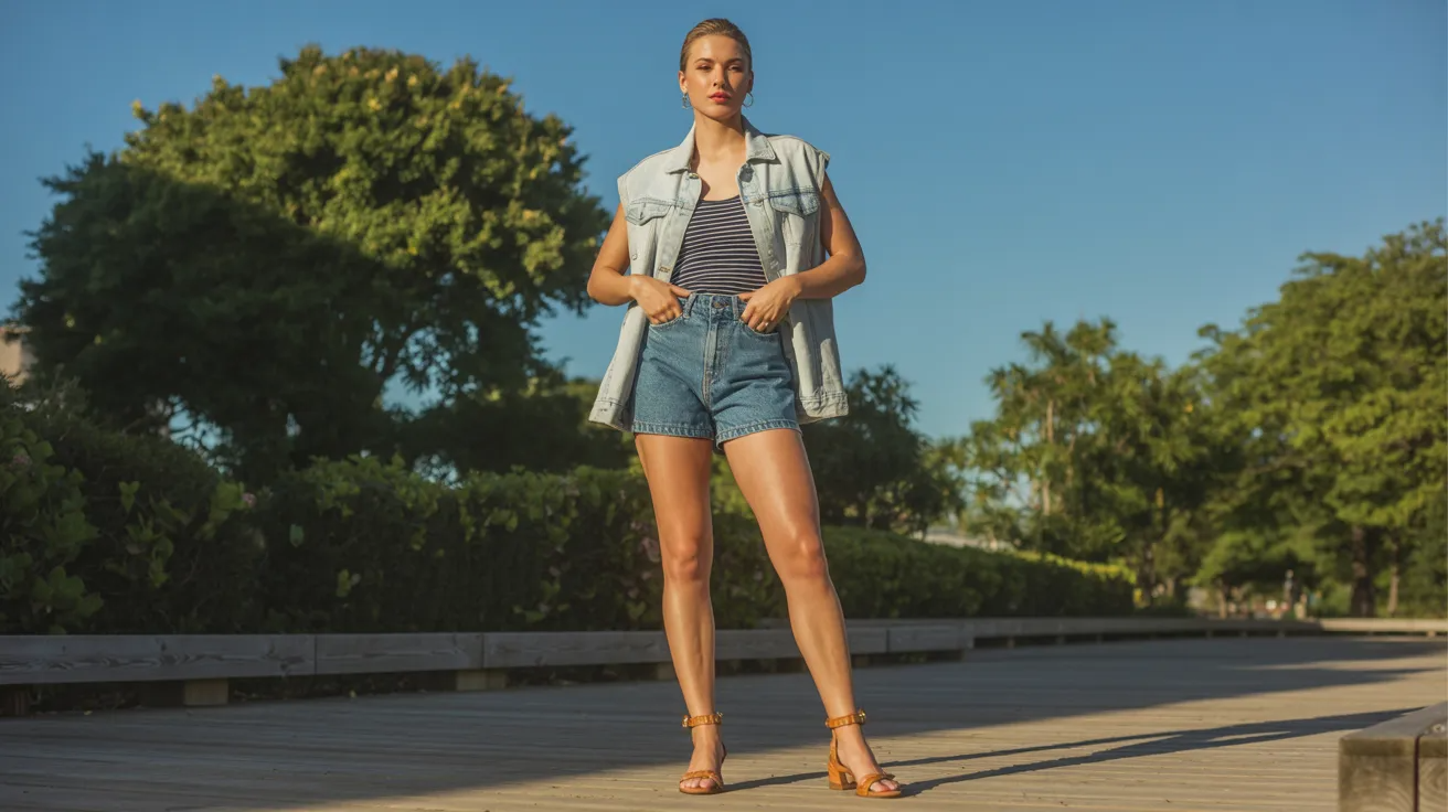 Jean vest paired with denim shorts for a summer outfit.