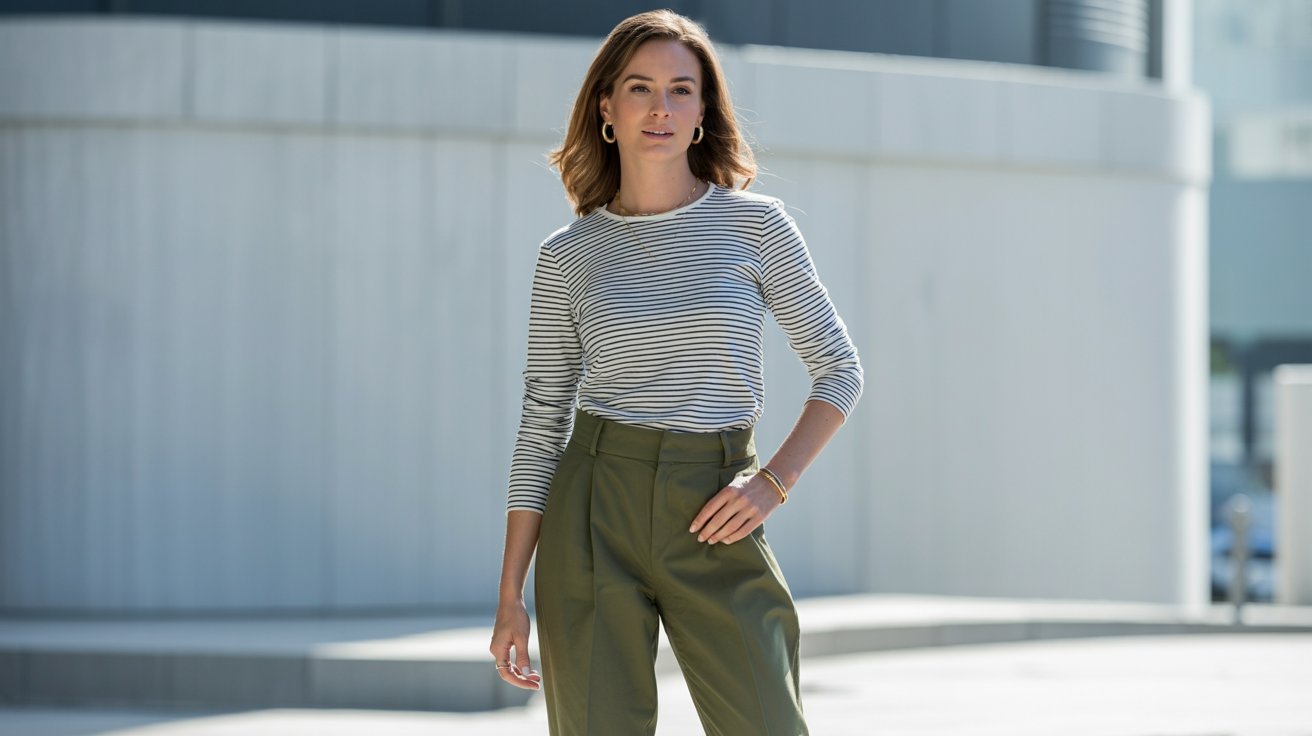 Woman wearing olive green pants and striped black and white top casually