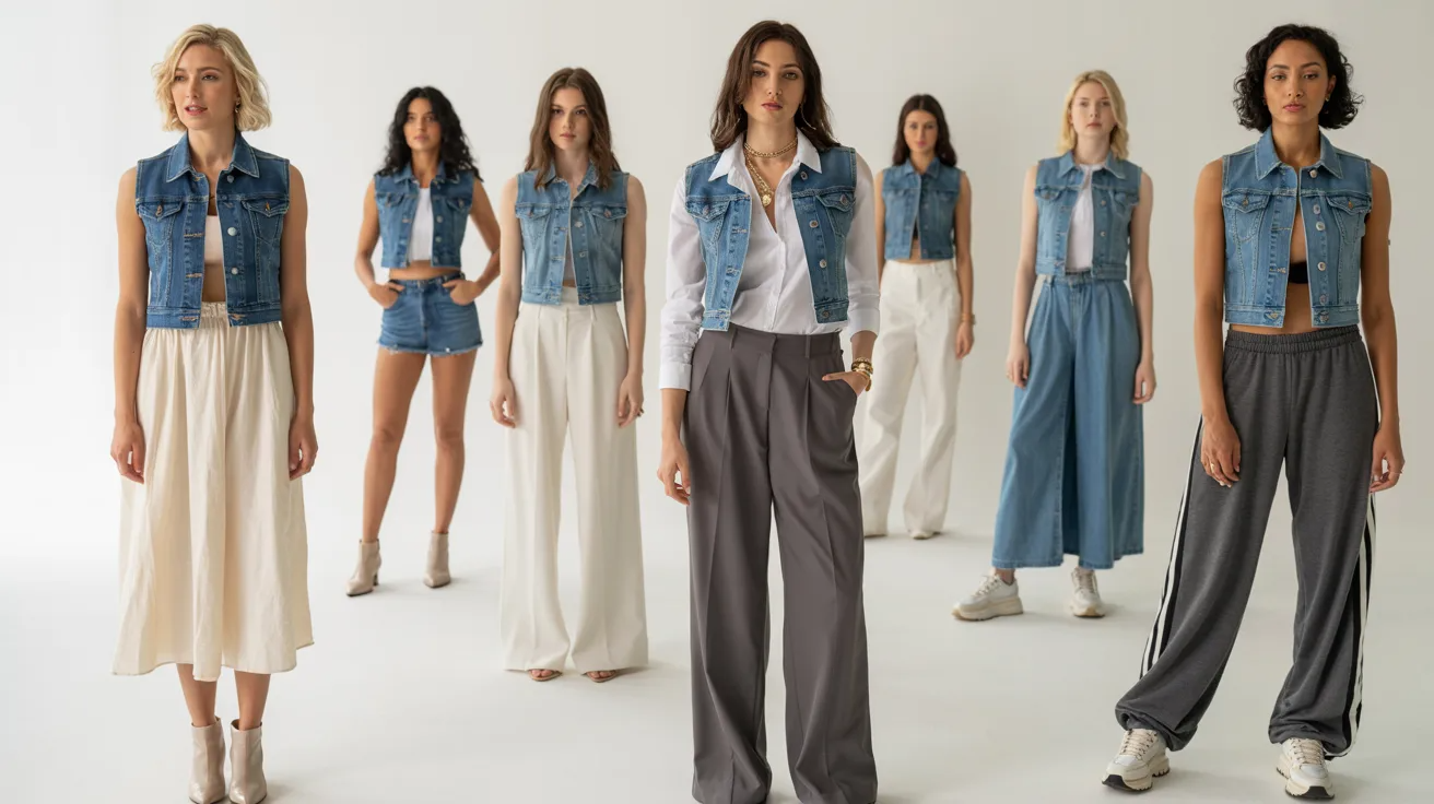 Stylish women wearing jean vest outfits for different seasons and occasions.