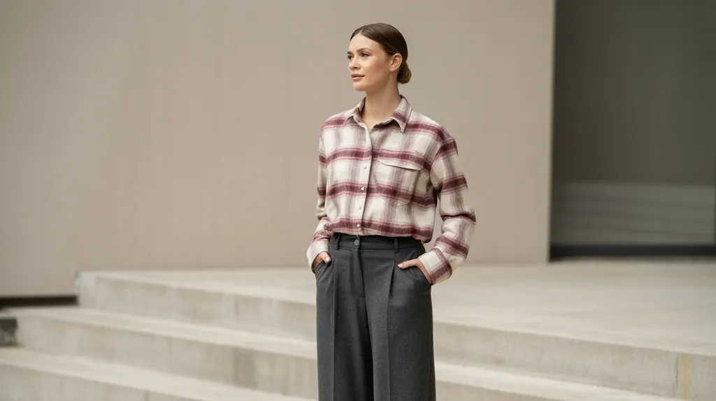 Flannel shirt styled with wide-leg trousers.