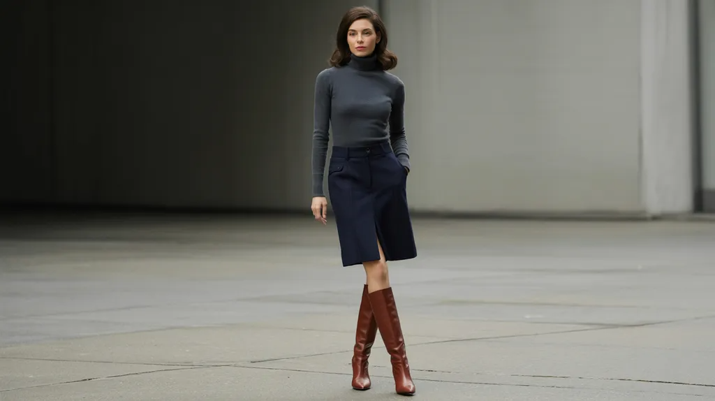 Skort styled with a turtleneck and knee-high boots
