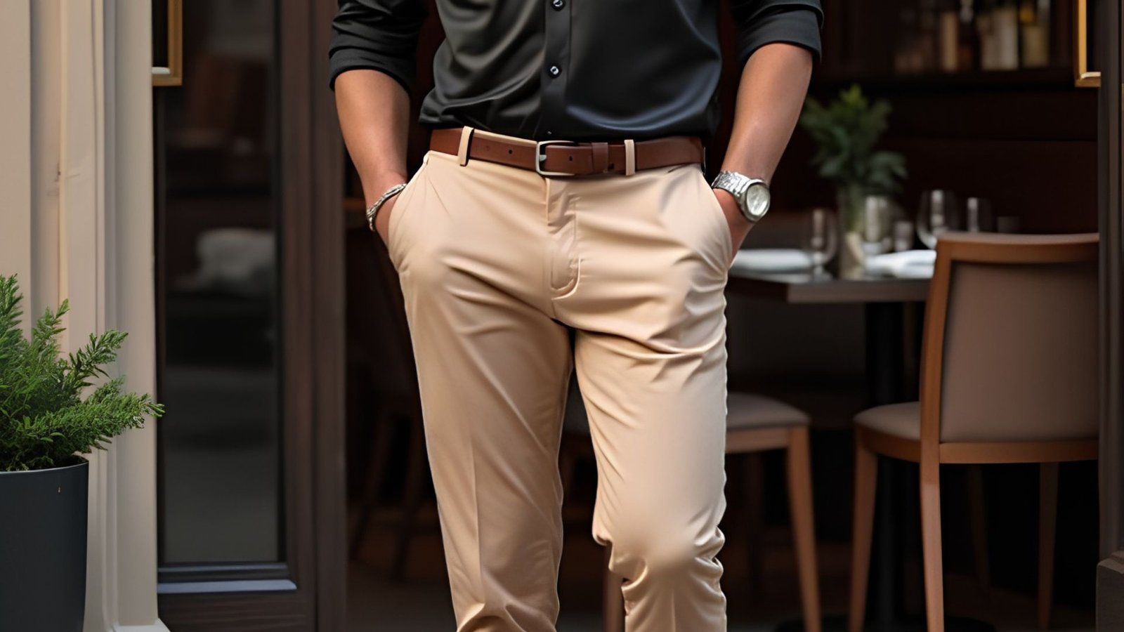 A man wearing a black shirt and brown pants, showcasing a contrast of light and dark colors.