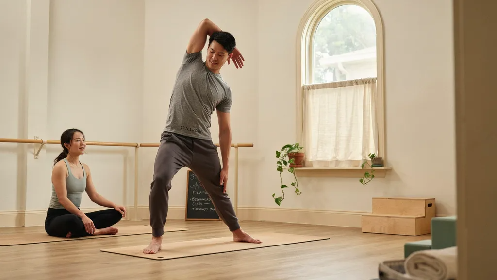 Man doing beginner Pilates in joggers and fitted tee.