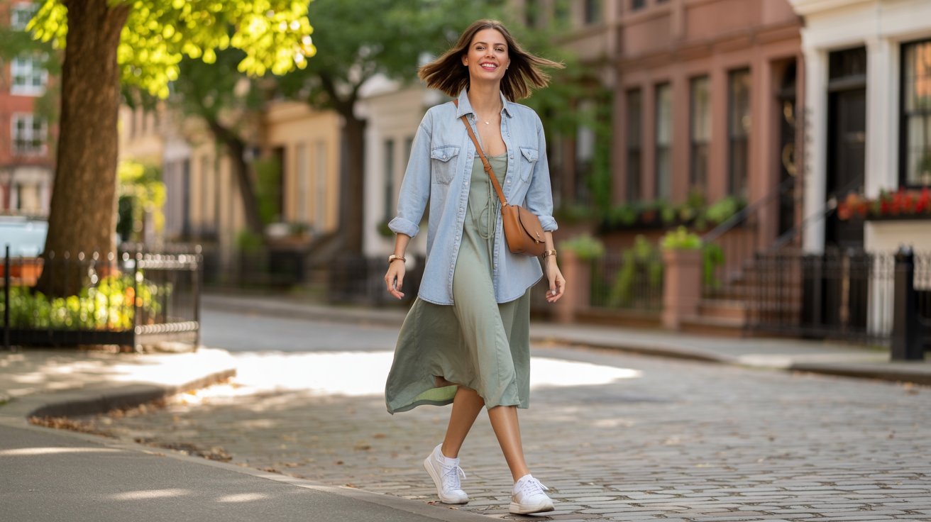 Woman walking down a cobblestone street in a light blue denim shirt worn open over a sage green midi dress.