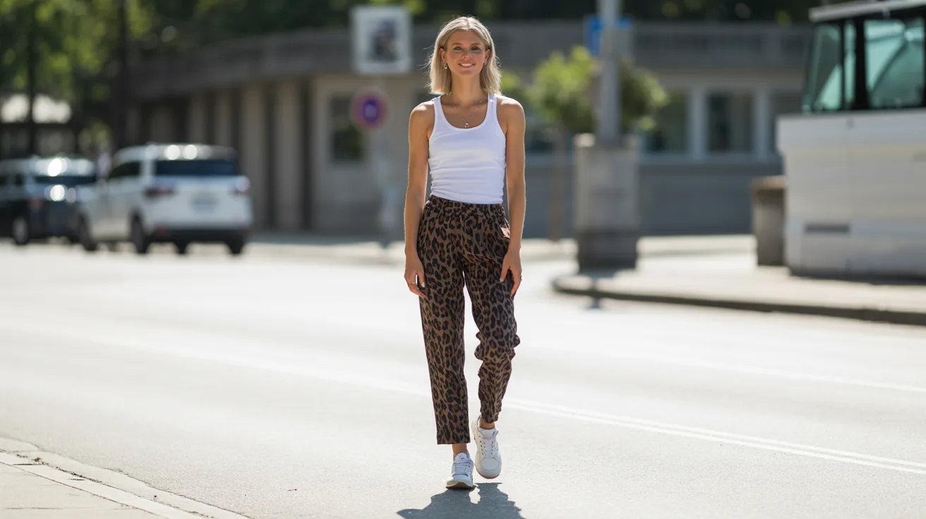 Leopard pants with white tank and sneakers for a simple summer outfit.