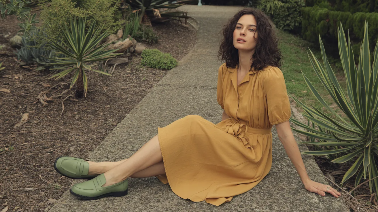 Sage green shoes styled with yellow dress for earthy balanced outfit look.