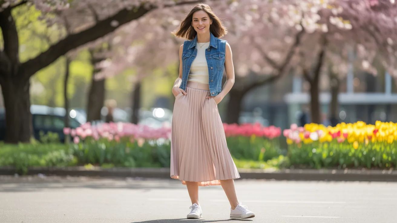 Jean vest styled with a midi skirt for a spring outfit.