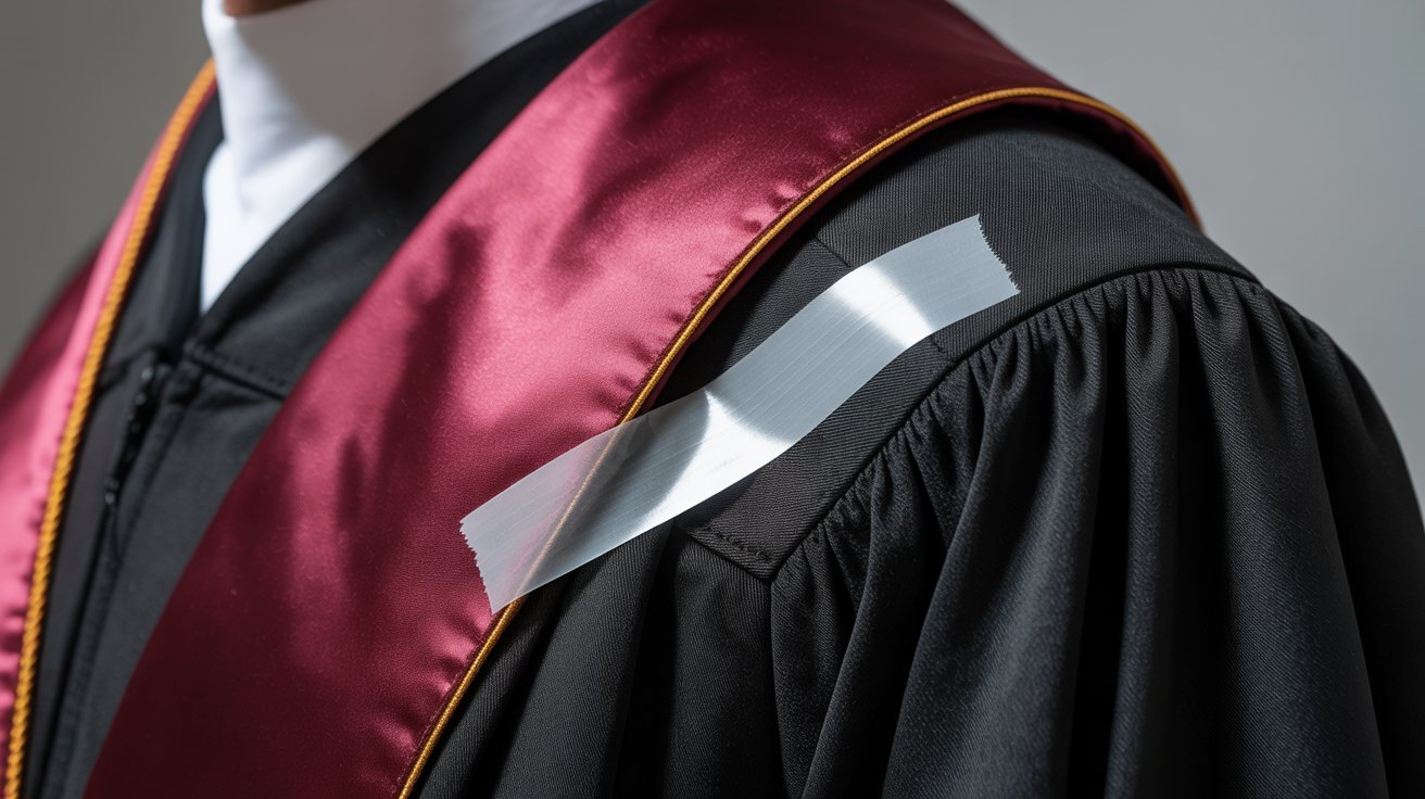 Graduation stole secured neatly to gown using hidden tape for stability.