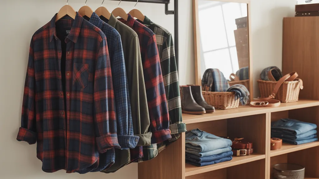 Collection of flannel shirts displayed in a stylish wardrobe.