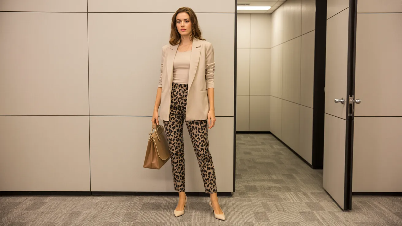 Leopard pants with a blazer for polished office outfit.