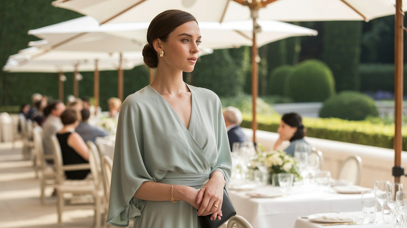 Woman wearing a wrap dress and ballet flats at an elegant luncheon