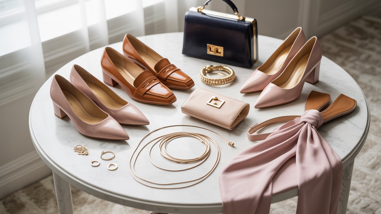 Elegant luncheon accessories including heels, handbag, jewelry, scarf, and refined leather accents
