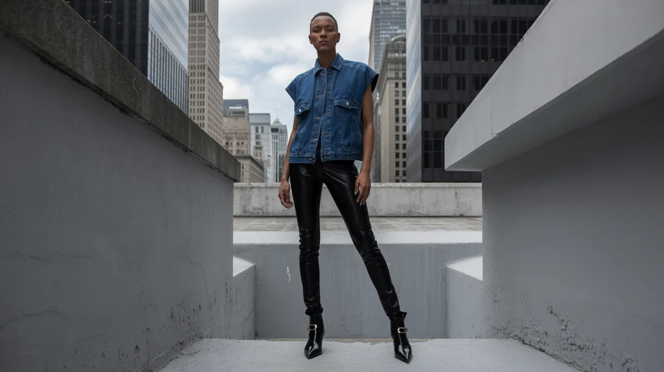 Denim vest styled with leather pants and ankle boots.