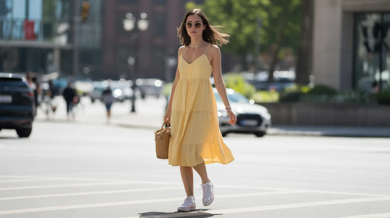 White shoes styled with yellow dress for a fresh casual summer look.