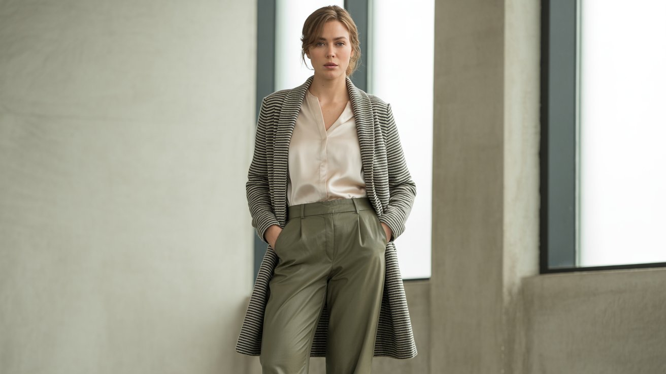 Olive green pants paired with striped cardigan in chic layered outfit