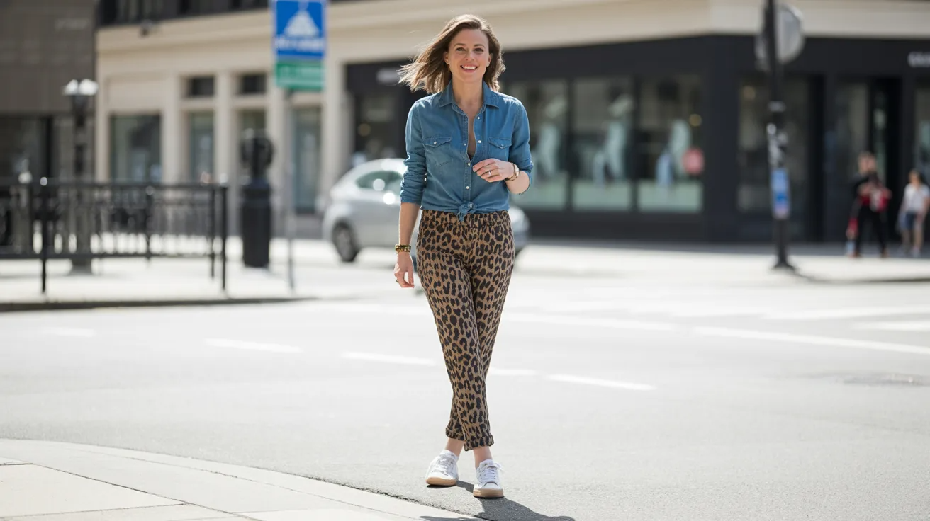 Leopard pants paired with denim shirt for relaxed casual outfit.